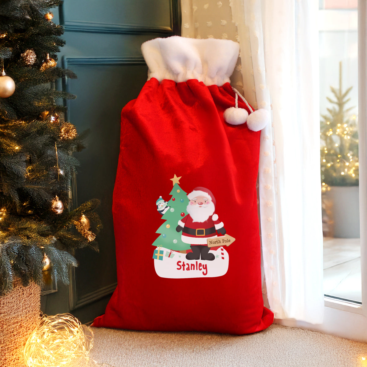 Personalised Santa Luxury Pom Pom Red Sack