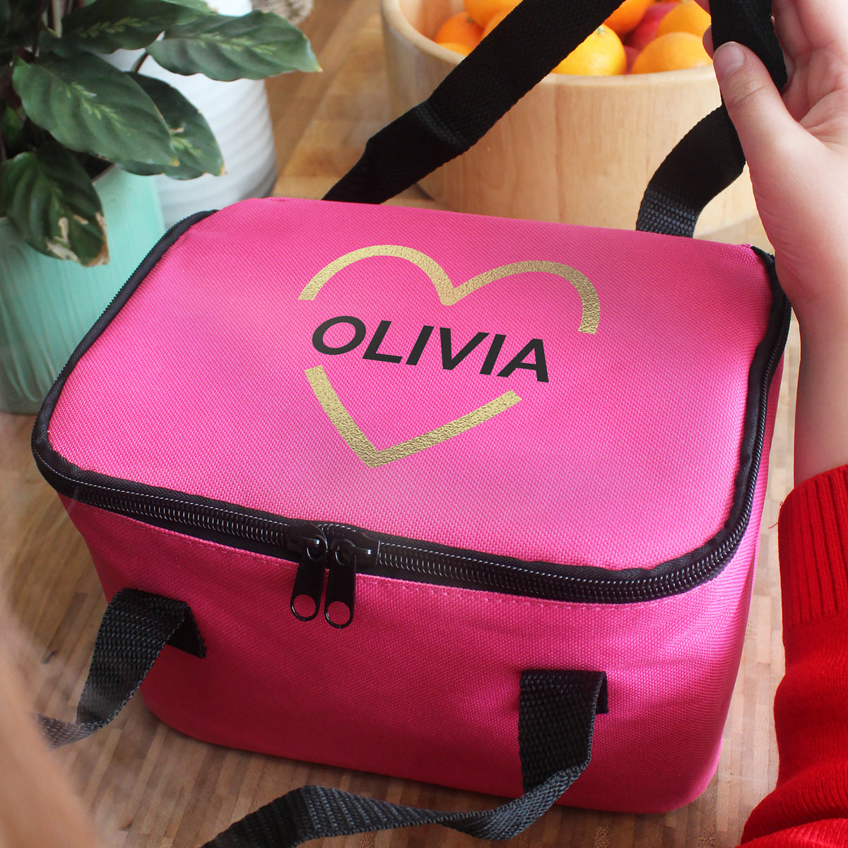 Personalised Gold Heart Pink Lunch Bag