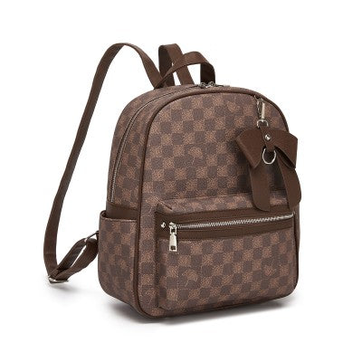 Checked PVC Backpack with Detachable Bow - Brown