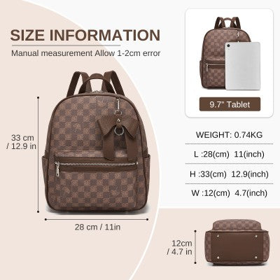 Checked PVC Backpack with Detachable Bow - Brown