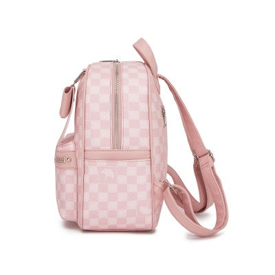 Checked PVC Backpack with Detachable Bow - Pink
