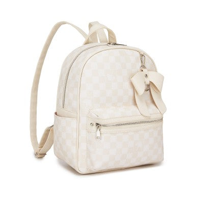 Checked PVC Backpack with Detachable Bow - Beige