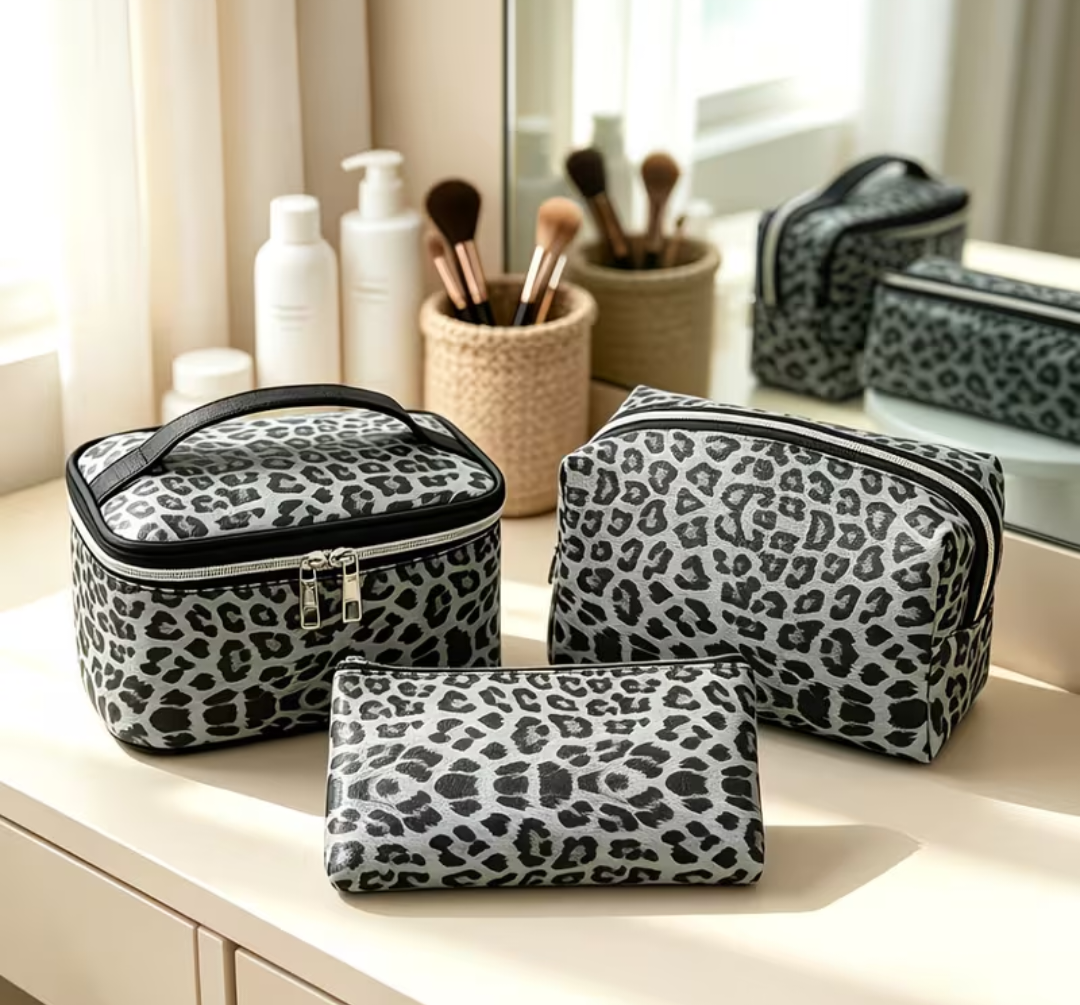 3pcs Set Gray Leopard Print Makeup Bags