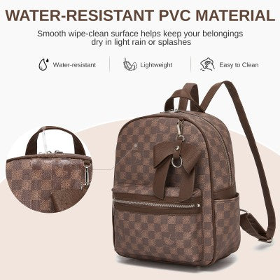 Checked PVC Backpack with Detachable Bow - Brown