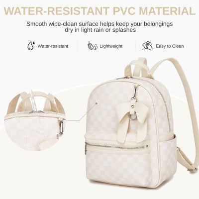 Checked PVC Backpack with Detachable Bow - Beige