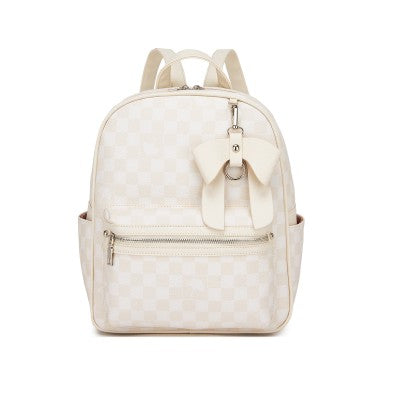 Checked PVC Backpack with Detachable Bow - Beige