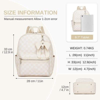 Checked PVC Backpack with Detachable Bow - Beige