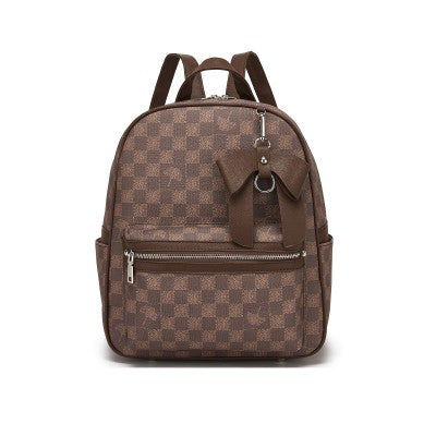 Checked PVC Backpack with Detachable Bow - Brown