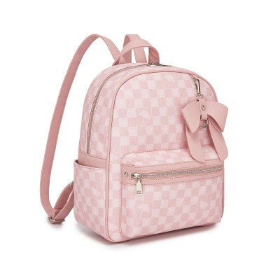 Checked PVC Backpack with Detachable Bow - Pink