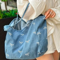 Bow Print Denim Tote Bag