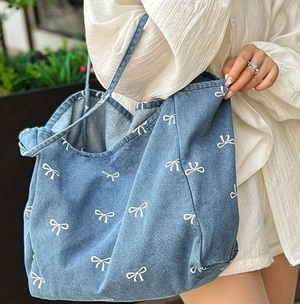 Bow Print Denim Tote Bag