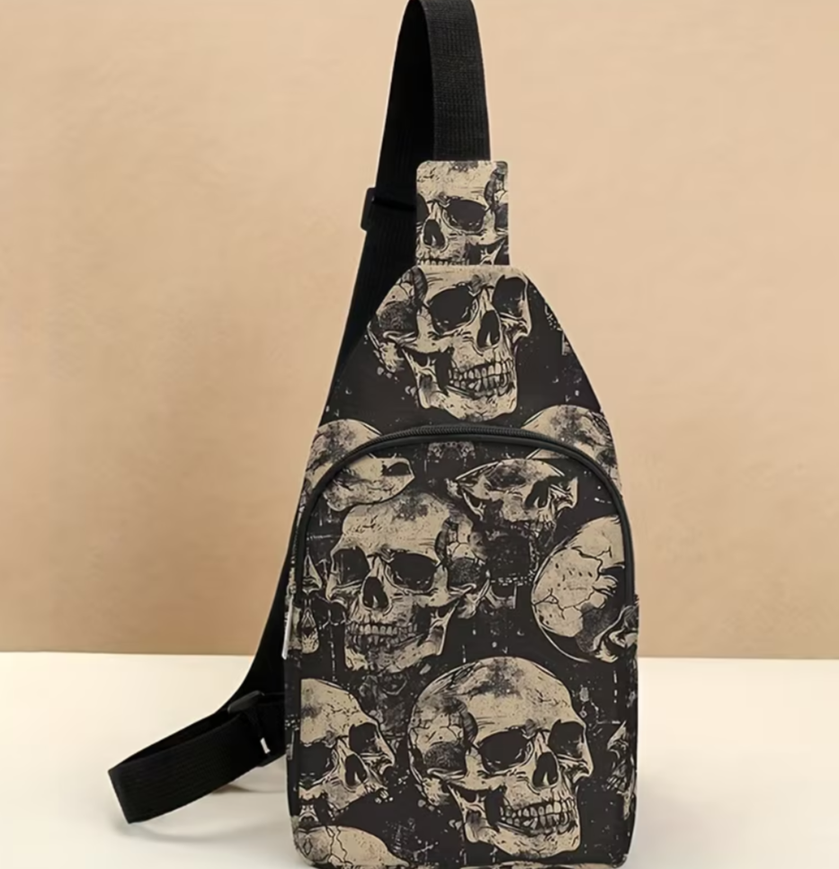 Womens Large Capacity Chest Bag with Adjustable Crossbody Strap & Skull Print