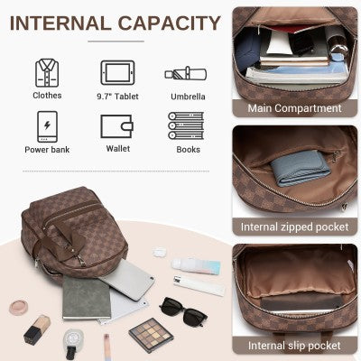Checked PVC Backpack with Detachable Bow - Brown