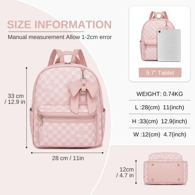 Checked PVC Backpack with Detachable Bow - Pink