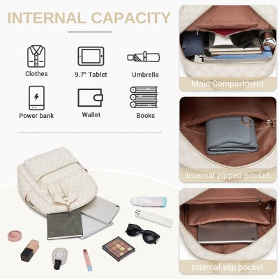 Checked PVC Backpack with Detachable Bow - Beige