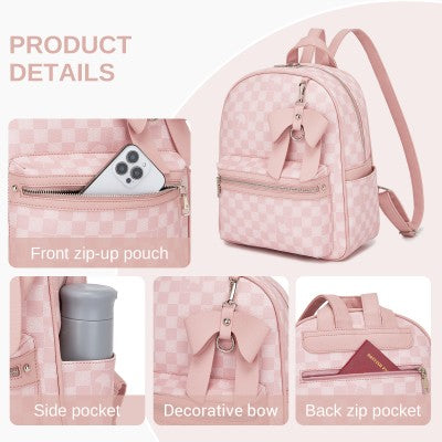 Checked PVC Backpack with Detachable Bow - Pink