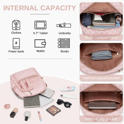 Checked PVC Backpack with Detachable Bow - Pink