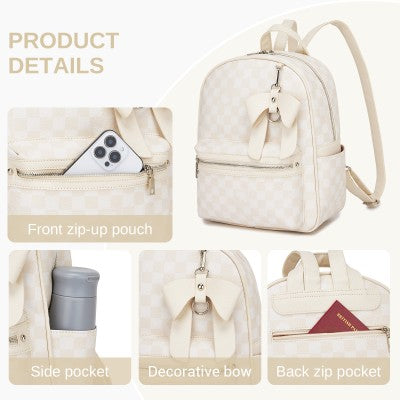 Checked PVC Backpack with Detachable Bow - Beige