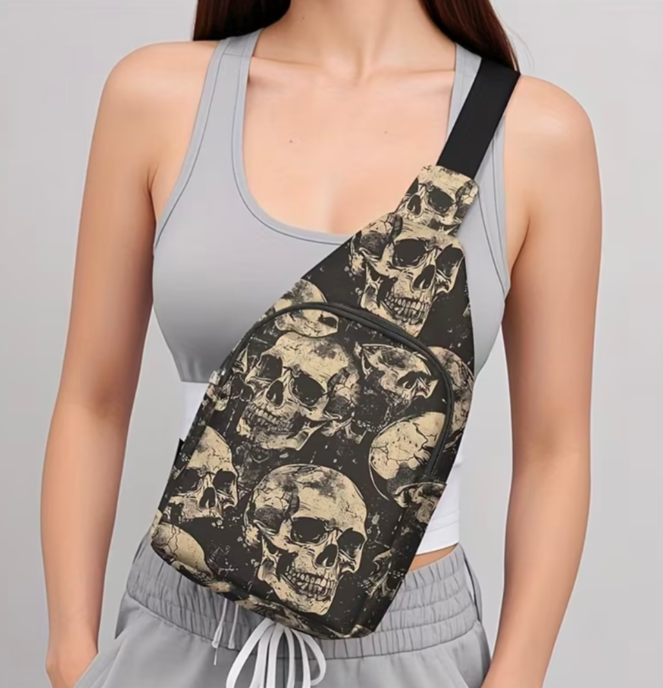 Womens Large Capacity Chest Bag with Adjustable Crossbody Strap & Skull Print