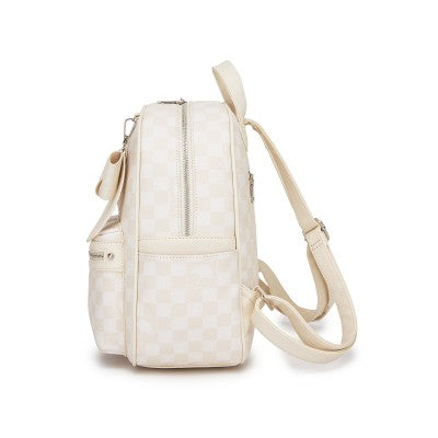Checked PVC Backpack with Detachable Bow - Beige