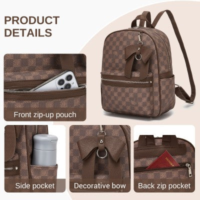 Checked PVC Backpack with Detachable Bow - Brown