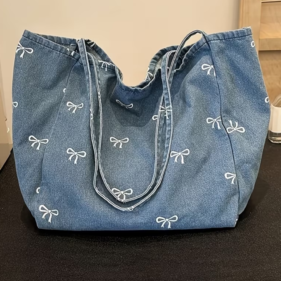 Bow Print Denim Tote Bag