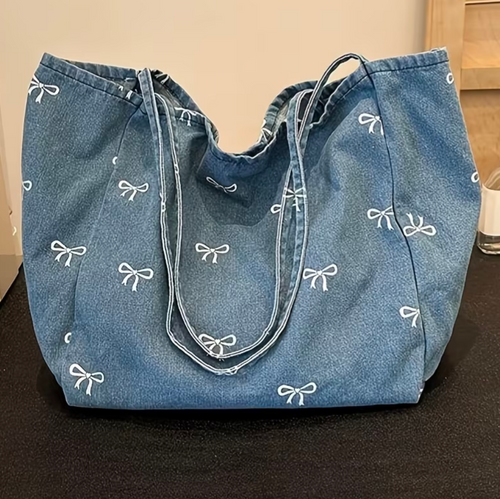 Bow Print Denim Tote Bag