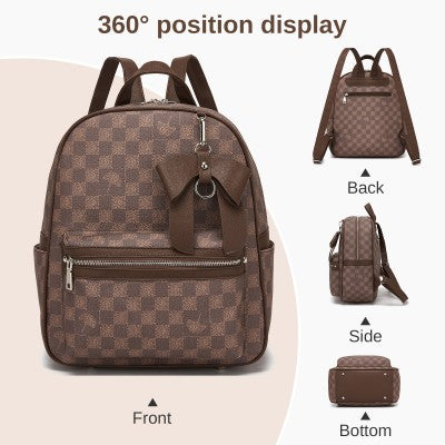 Checked PVC Backpack with Detachable Bow - Brown