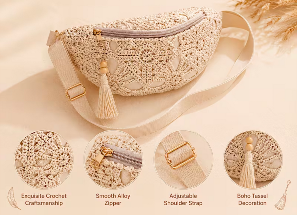 Bohemian Crochet Waist / Chest Bag with Tassel Pendant