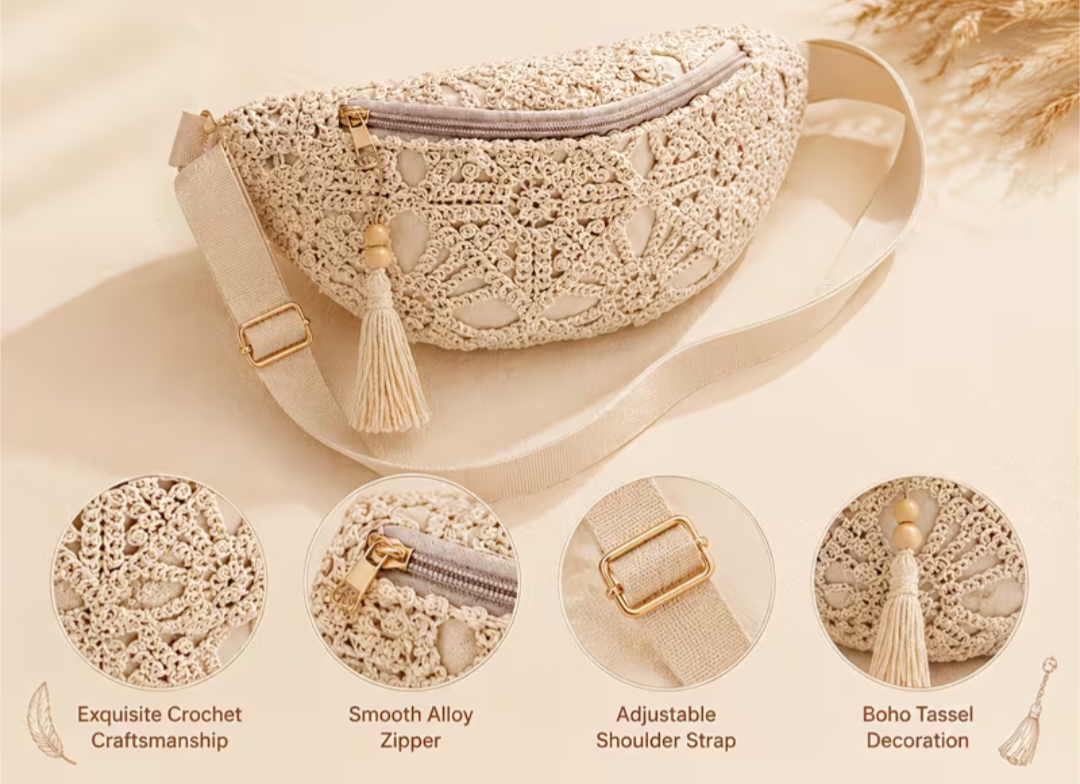 Bohemian Crochet Waist / Chest Bag with Tassel Pendant